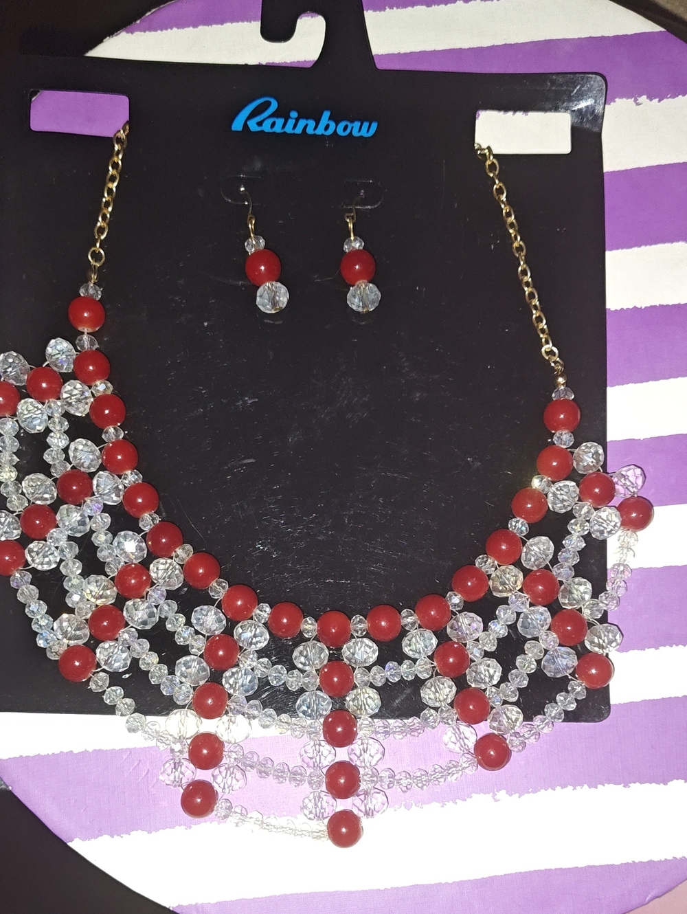 Rainbow Red and Clear Beaded Bib Necklace with Matching Earrings